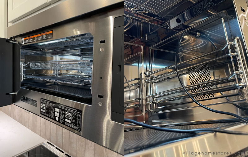 two images side by side (left) door open on over the range microwave hood with three trays inside (right) interior of multifunction microwave with temperature probe plugged into socket