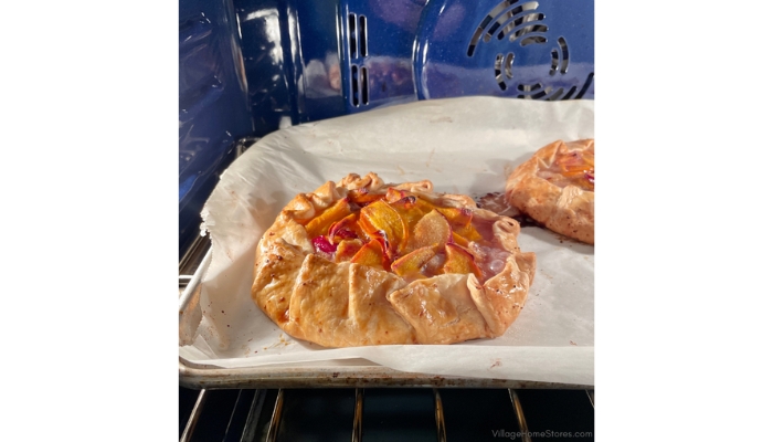 image of two galettes baking in kitchenaid wall oven with blue interior