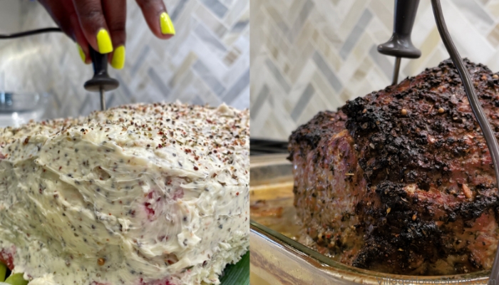 side by side of before and after of prime rib roast with temperature probe inserted