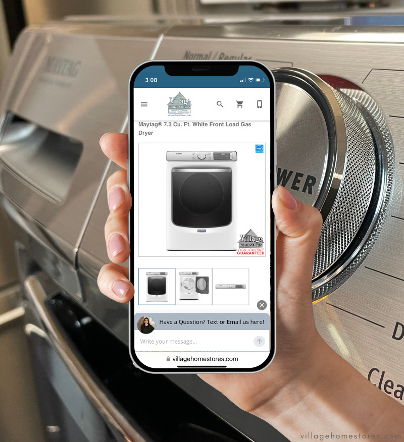 image of hand holding iphone with maytag laundry on screen