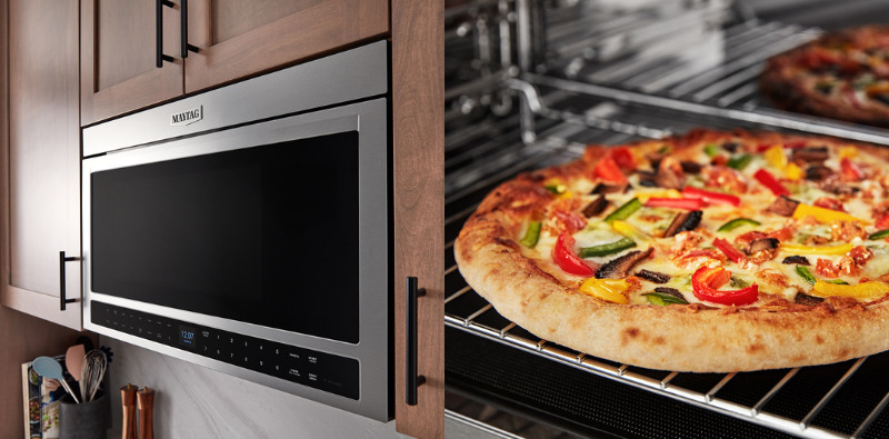 side by side image of flush maytag microwave on left and pizza inside on rack on right