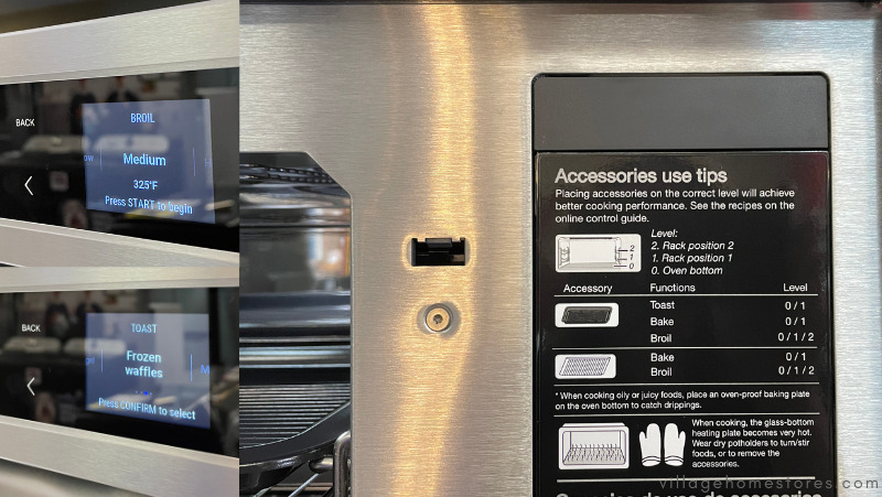 Images of microwave control panel screen and diagram showing what racks and location to use them