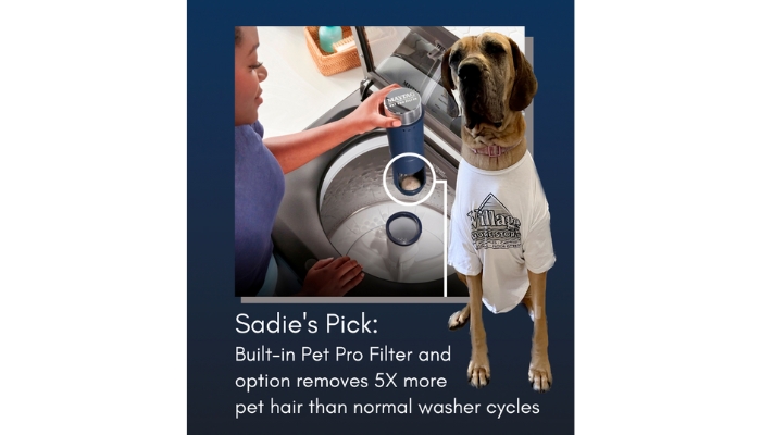 large dog in village home stores t shirt showing the pet pro filter on a maytag washing machine
