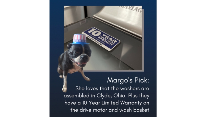dog in patriotic hat showing Maytag warranty sticker on appliance