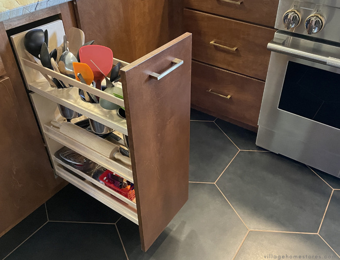 pull out utensil storage cabinet with bins and lower racks