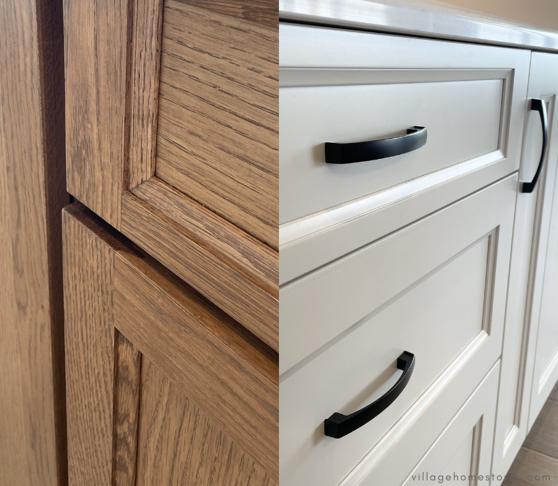 cabinet finish for combination finish kitchen with white oak russet on the left and painted linen on the right