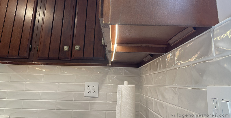 image of cabinets cut out for new LED undercabinet tape lighting installed