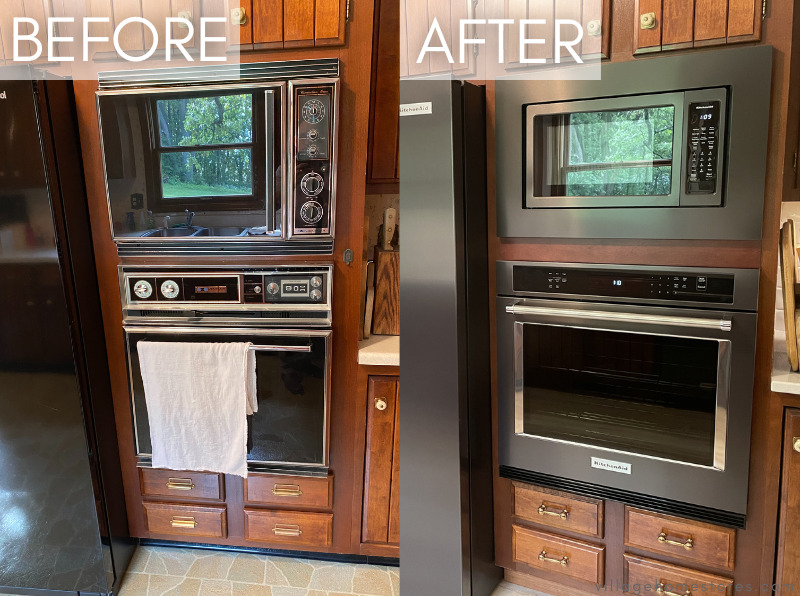 before and after side by side of new built in wall oven and microwave units
