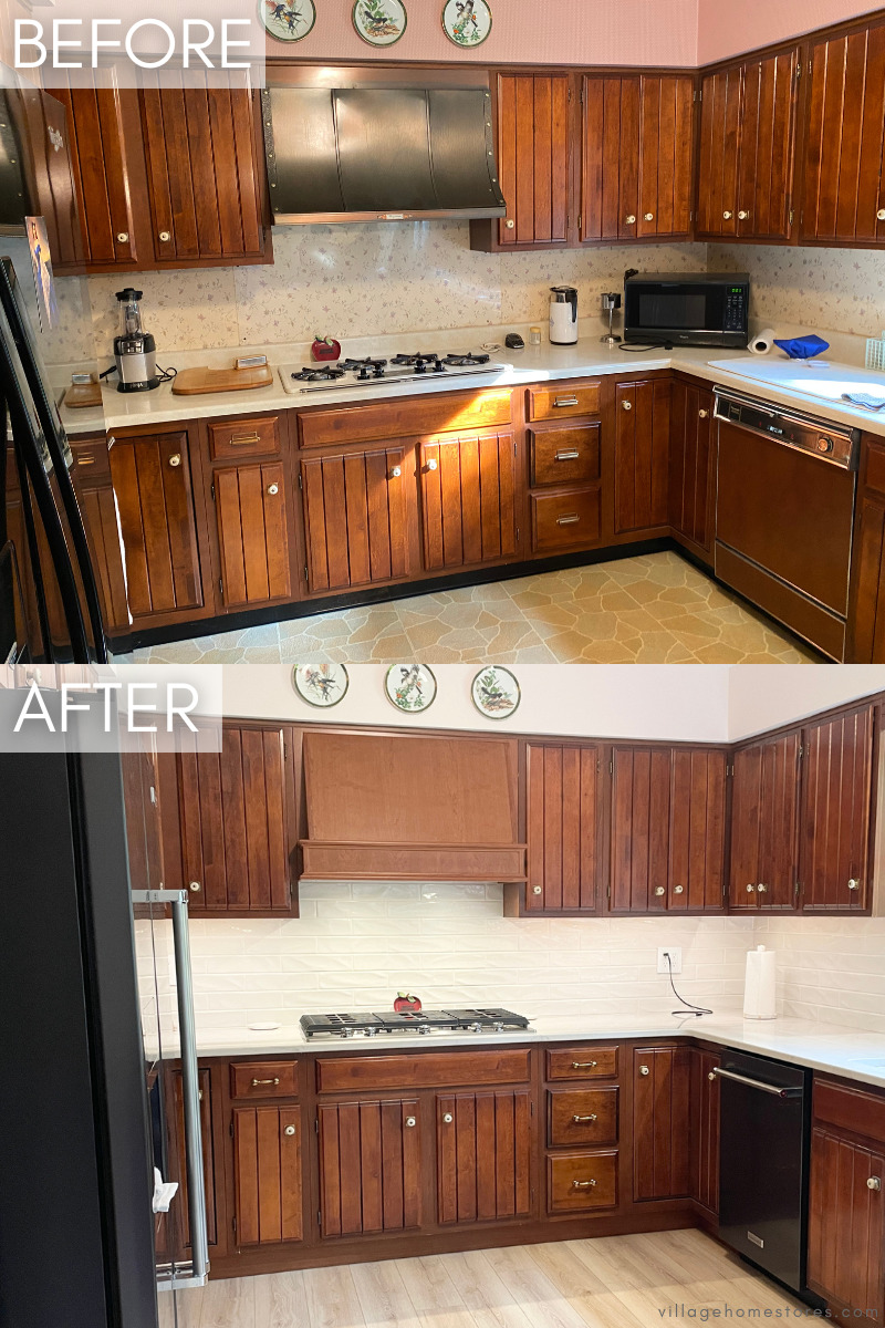 kitchen remodel before and after showing new wood range hood and quartz counters and backsplash