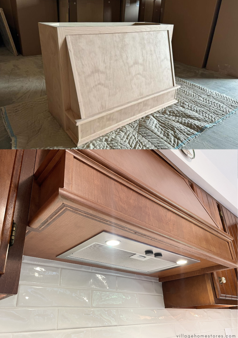 custom wood range hood shown above built and unfinished and below installed with broan powerpack insert