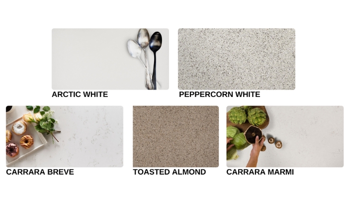 MSI Q Quartz designs Arctic White, Peppercorn White, Carrara Breve, Toasted Almond, and Carrara Marmi. 