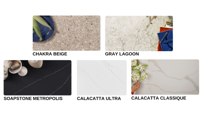 MSI Q Quartz designs Chakra Beige, Gray Lagoon, Soapstone Metropolis, Calacatta Ultra, and Calacatta Classique