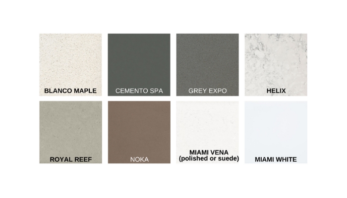 Silestone quartz surfaces from their Private Studio Collection Blanco Maple, Cemento Spa, Grey Expo, Helix, Royal Reef, Noka, Miami Vena, and Miami White.