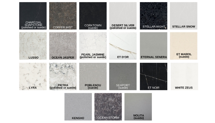 Silestone priate collection Charcoal Soapstone (in polished or suede finish), Copper Mist, Corktown (suede finish), Desert Silver (in polished or suede finish), Stellar Night, Stellar Snow, Lusso, Ocean Jasper, Pearl Jasmine (in polished or suede finish), Et D’Or, Eternal Senera, Et Marfil (suede finish), Lyra, Pietra (in polished or suede finish), Poblenou (suede finish), Seaport (suede finish), Et Noir, White Zeus, Kensho, Ocean Storm, and Nolita (suede finish).
