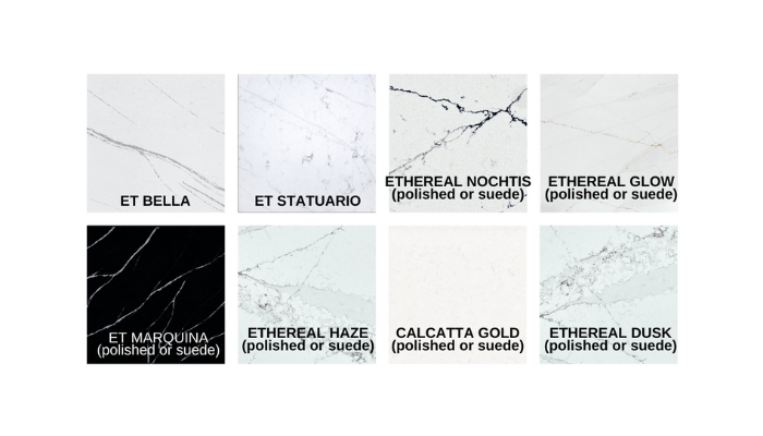 Silestone designs Et Bella, Et Statuario, Ethereal Nochtis (in polished or suede finish), Ethereal Glow (in polished or suede finish), Et Marquina (in polished or suede finish), Ethereal Haze (in polished or suede finish), Calcatta Gold (in polished or suede finish), and Ethereal Dusk (in polished or suede finish).
