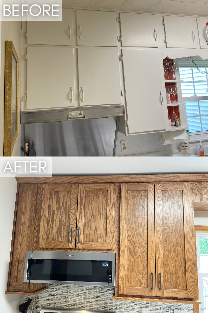side by side images of before and after kitchen cabinets and range hoods