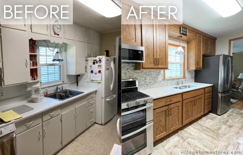 before and after side by side kitchen remodel images with new red oak cabinets