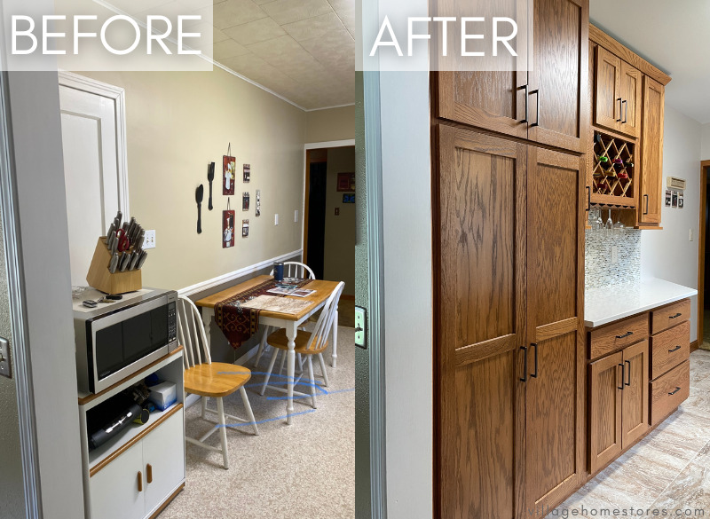 before and after kitchen remodel images showing unused wall and new wall of cabinetry
