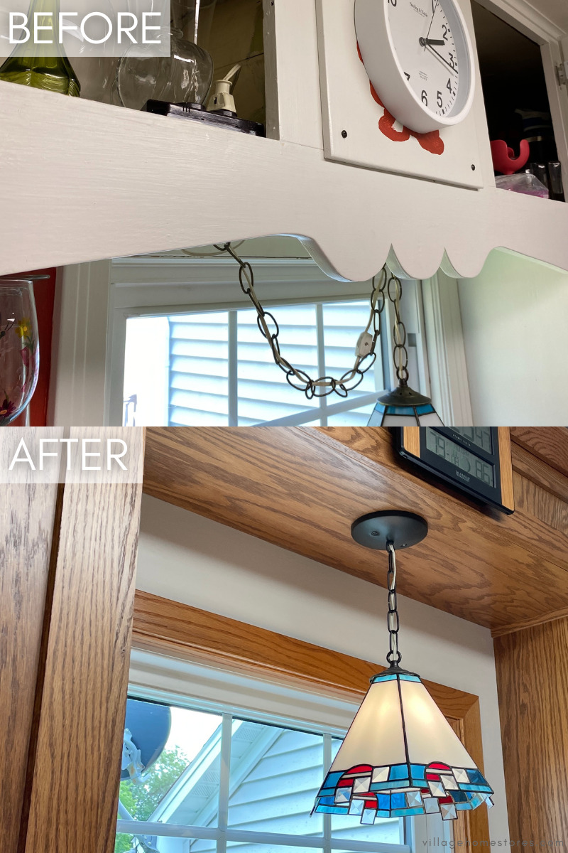 before and after images of area above kitchen sink showing new cabinets and repurposed stained glass pendant light
