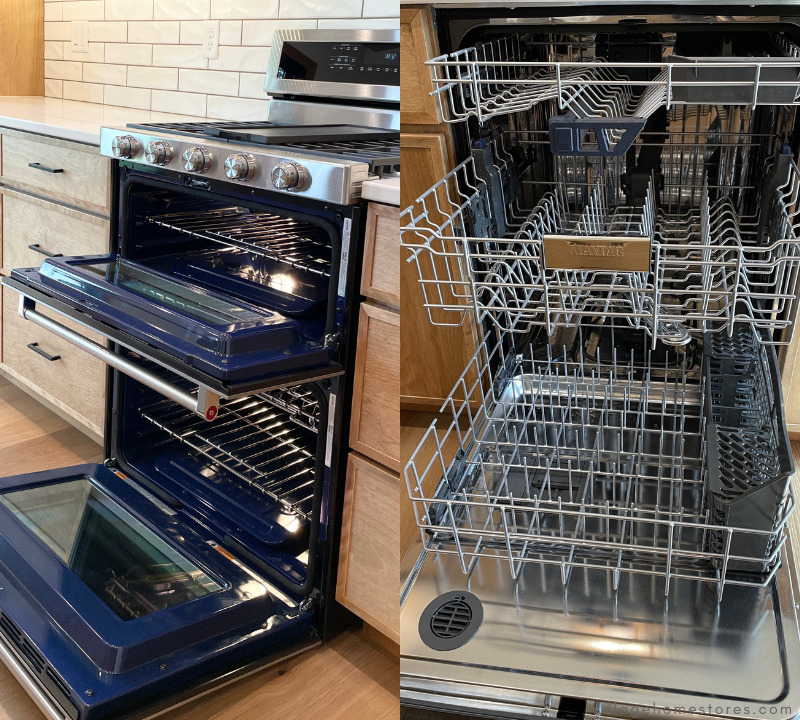 side by side image of double oven range with doors open on left, and three rack dishwasher on right with stainless steel interior