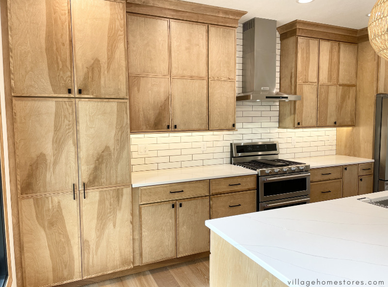 pecan stain kitchen cabinets in skinny shaker door style