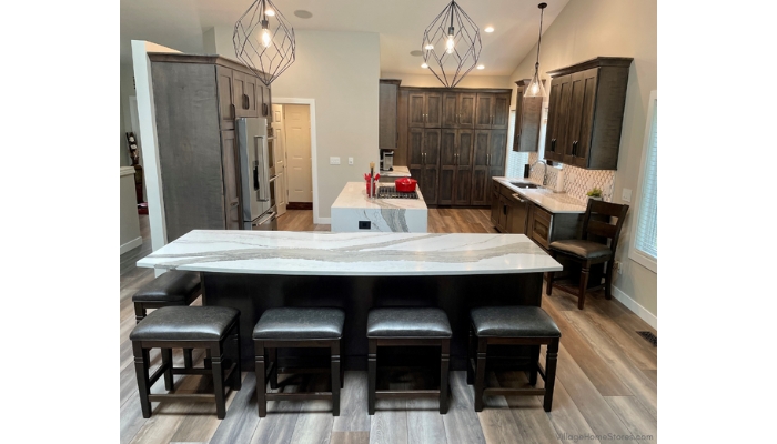 two island kitchen design with gray stained cabinets and white quartz counters