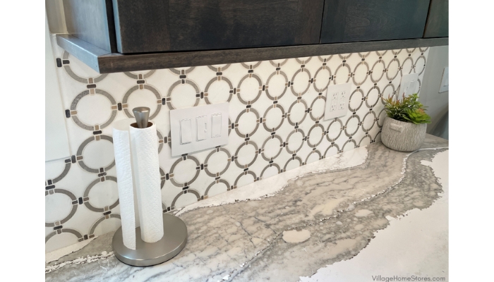 kitchen mosaic tile backsplash with linking rings design installed with marble look cambria quartz countertops