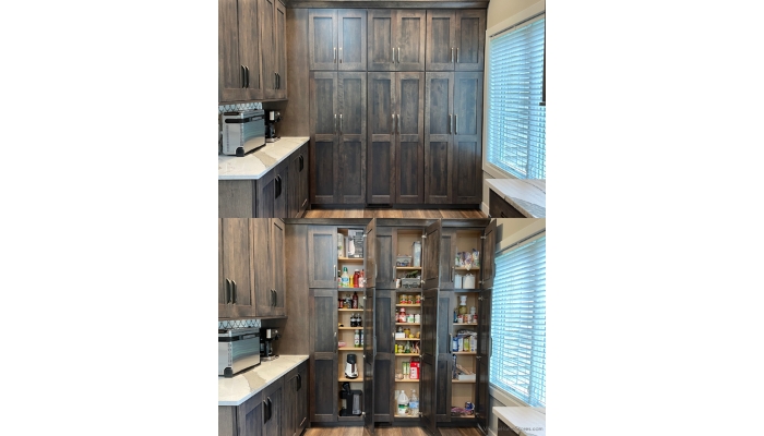 tall pantry cabinets installed at just 12” deep with adjustable shelving. Top image shown with doors closed lower image one door on each open.