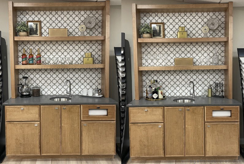 open shelves with bold link wall tile and coffee flavor bottles