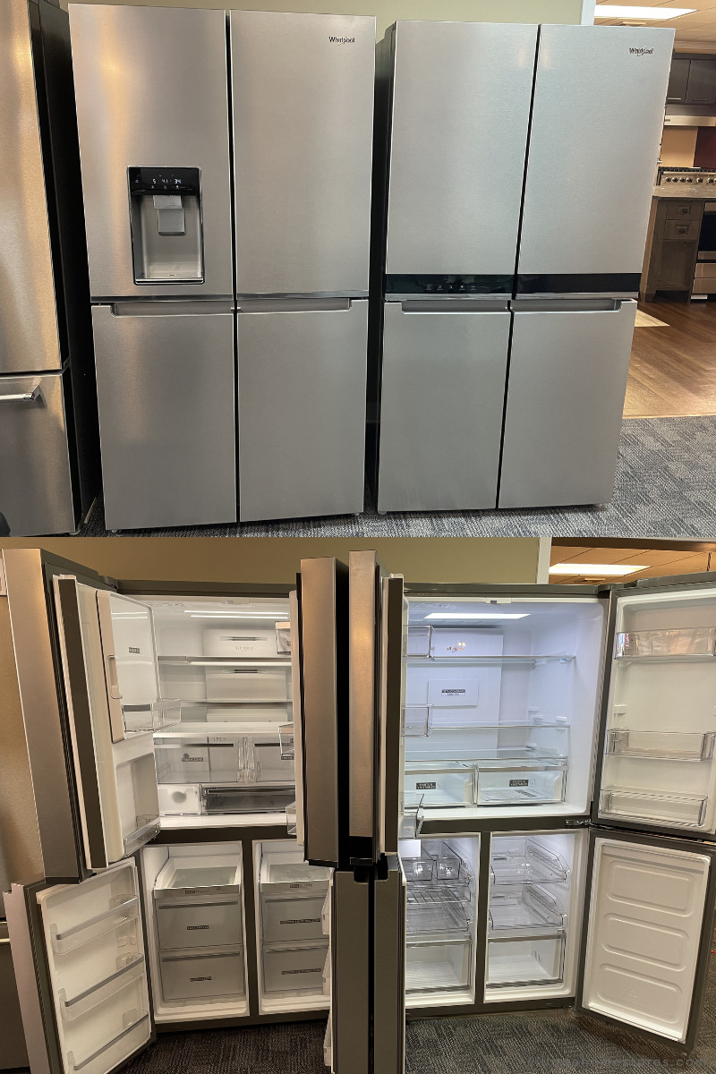 stacked images of two quad door refrigerators shown with doors closed on top and open on the bottom