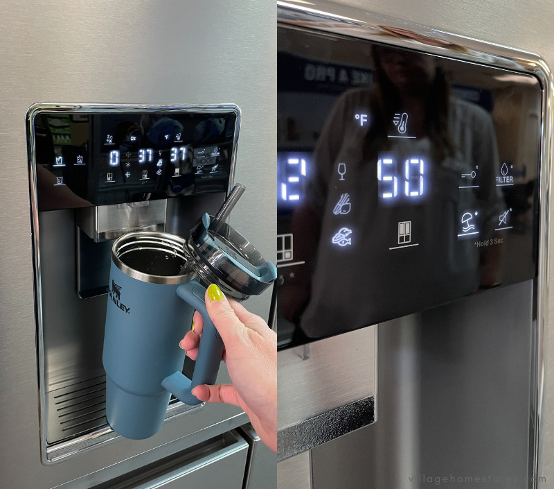images of water dispenser on door with blue stanley cup being filled on left and close up of controls on right