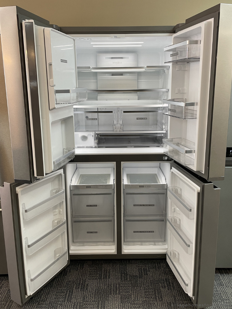 interior view of the WRQC7836RZ quad door refrigerator showing flex freezer space and in door ice