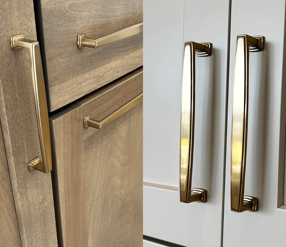 side by side of birch almond cabinet finish and painted accessible beige cabinet both with satin bronze handle hardware