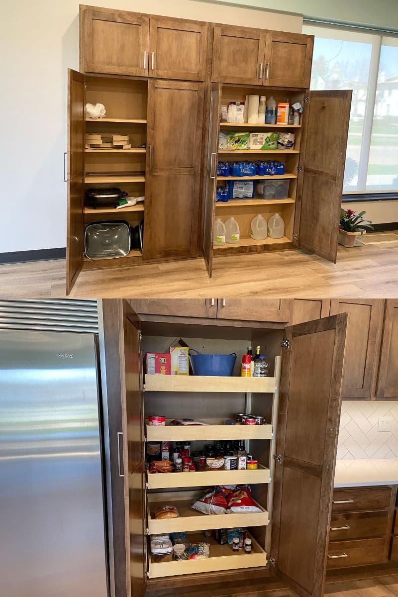 pantry cabinet storage options shown with cabinet doors open