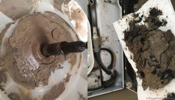 tow images of stinky washing machines with laundry detergent build up inside