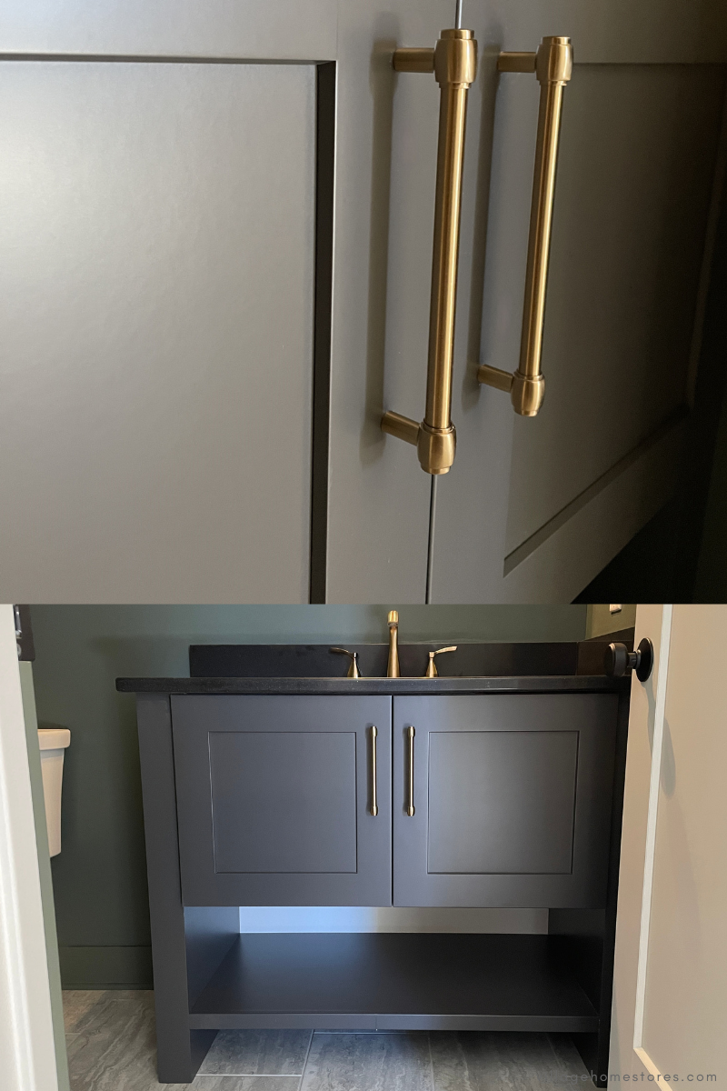 closeup image of gray painted cabinet with brass handles and bath vanity