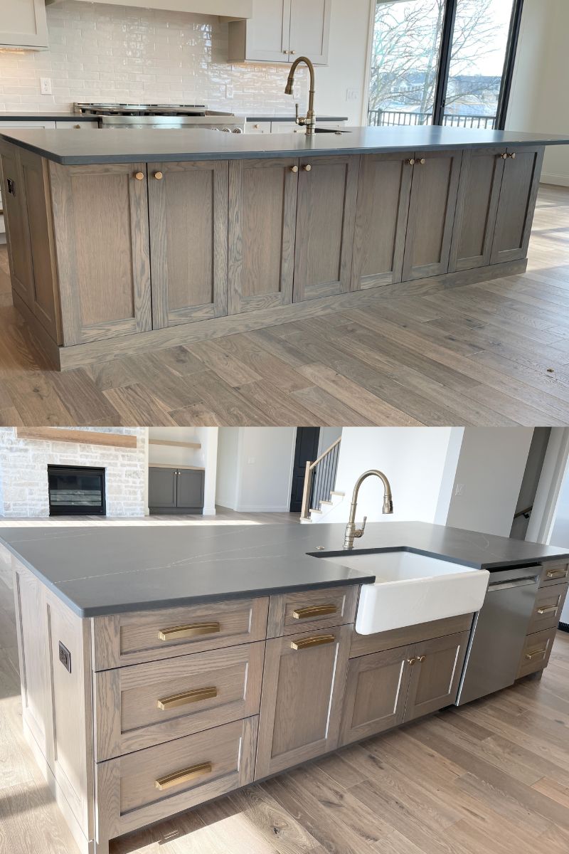 tow images of front and back of kitchen island design in open concept kitchen