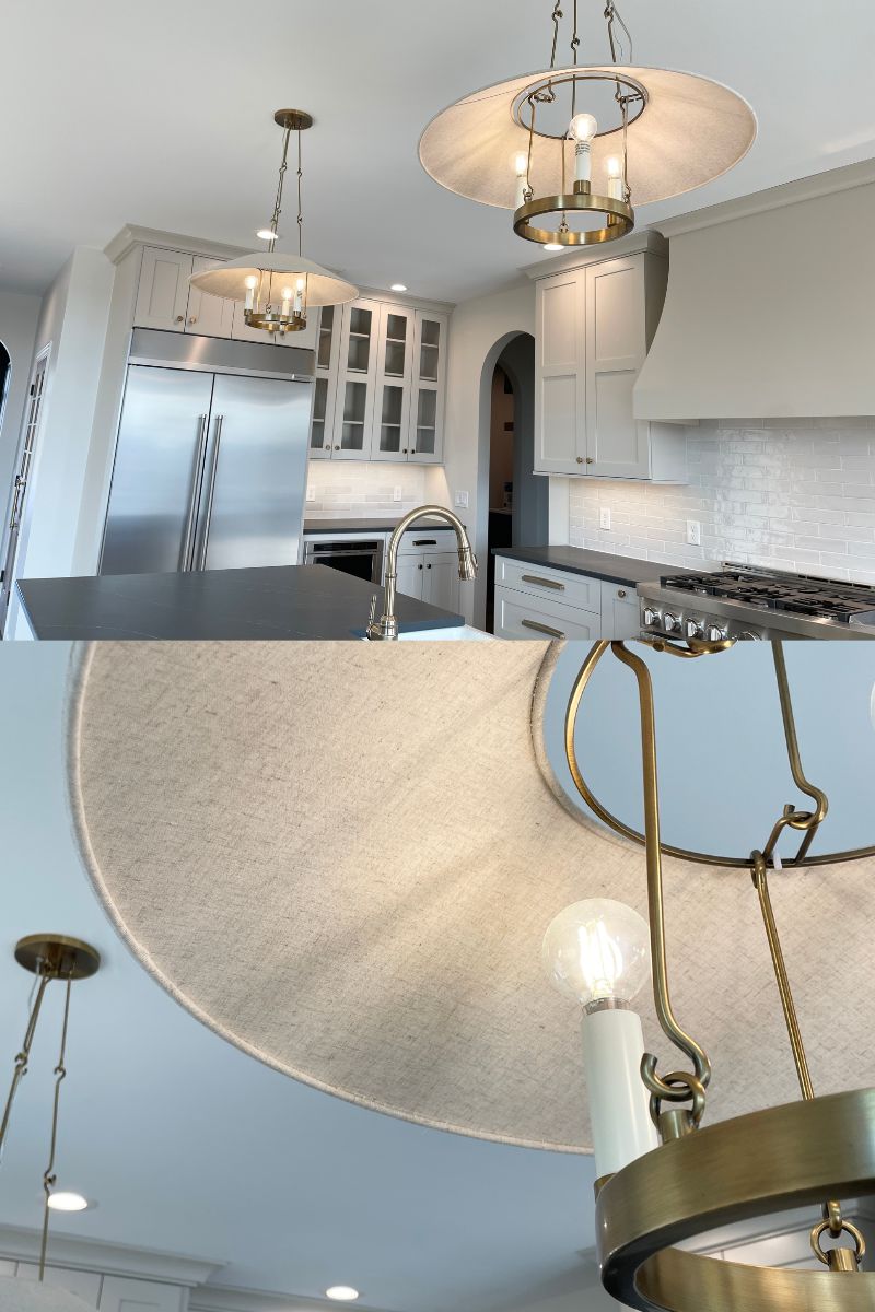 images of new traditional lighting pendant lights with brass metal and linen shades 