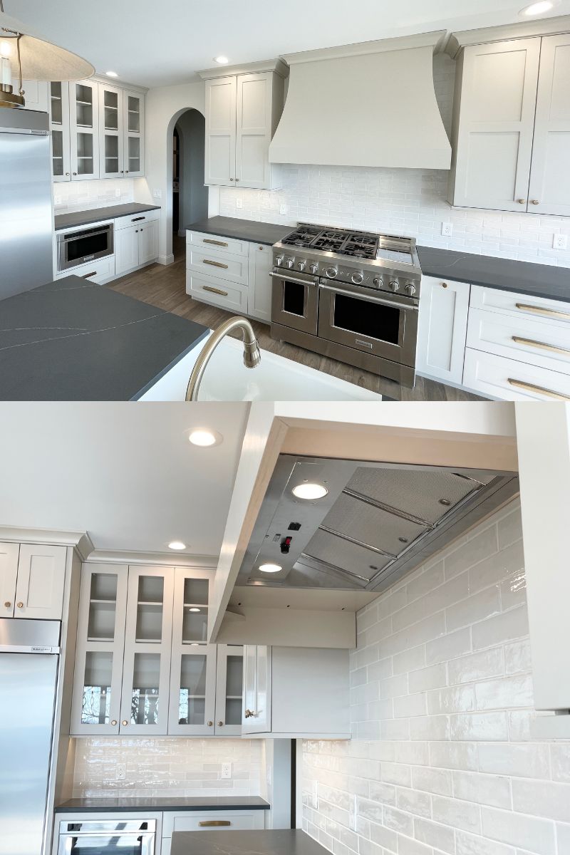 images of range hood insert installed in wood range hood cabinet in kitchen