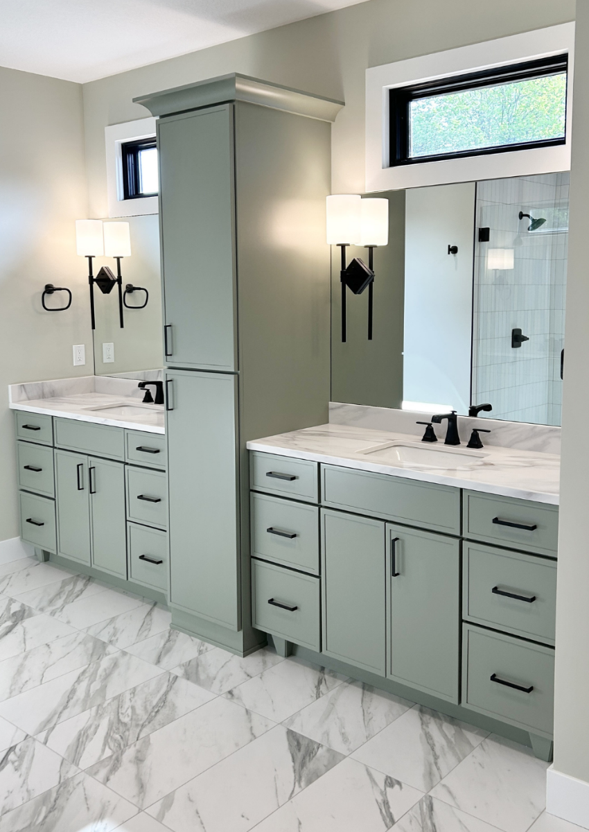 primary bathroom vanity cabinet design with windows above bathroom sinks