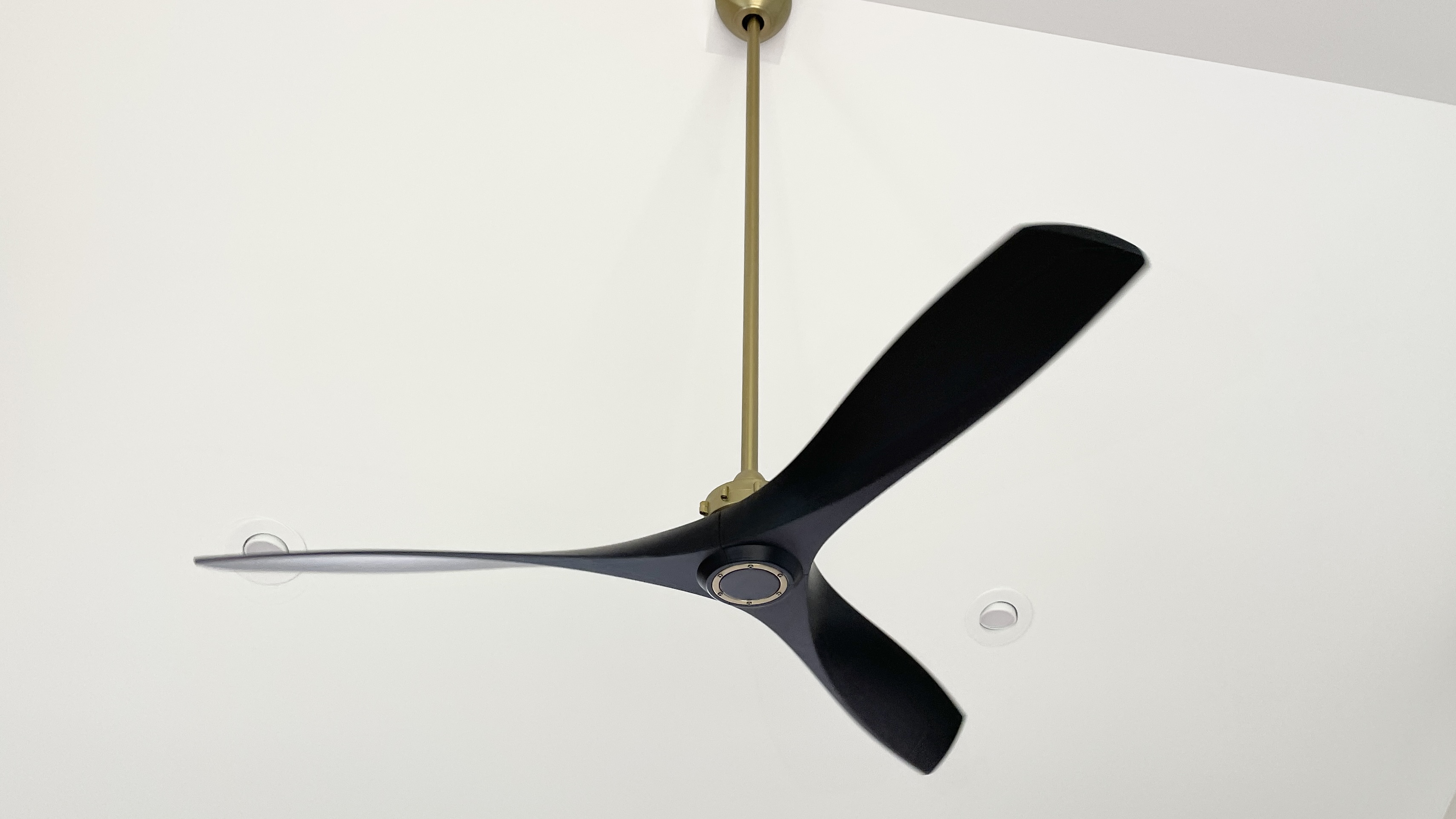 matte black 3 blade fan with brass details and no lights