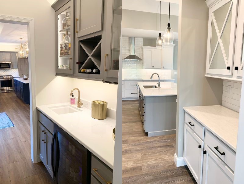 side by side images of two pantry setups by Village Home Stores right outside of kitchen connecting to the dining room. 