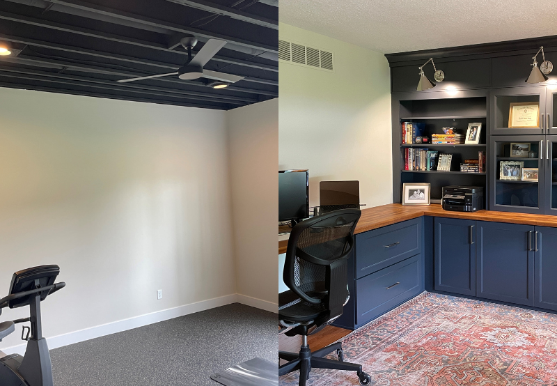side by side image sof home gym on left and home office on right