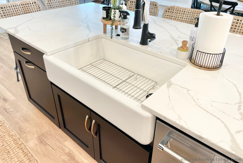 black painted kitchen island cabinets with white cast iron farmsink apron sink installation