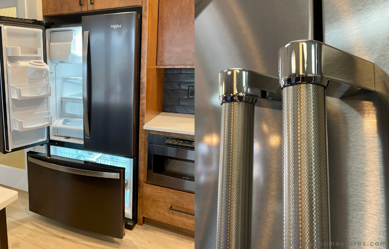 side by side images of black stainless fridge with door open on left and close up on right of stainless kitchenaid handles