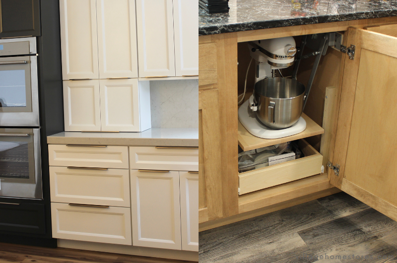 split image with white cabinet kitchen and appliance garage on left and mixer lift cabinet with door open to reveal white kitchenaid stand mixer inside on right