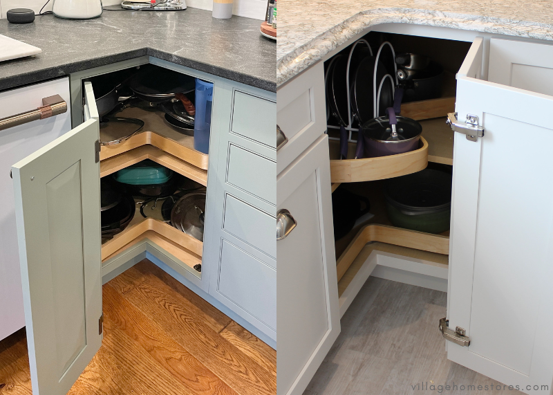 two examples of lazy susan base corner cabinets side by side 