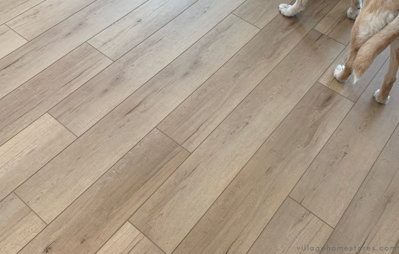 light wood look vinyl plank floors and legs of dog in top right corner