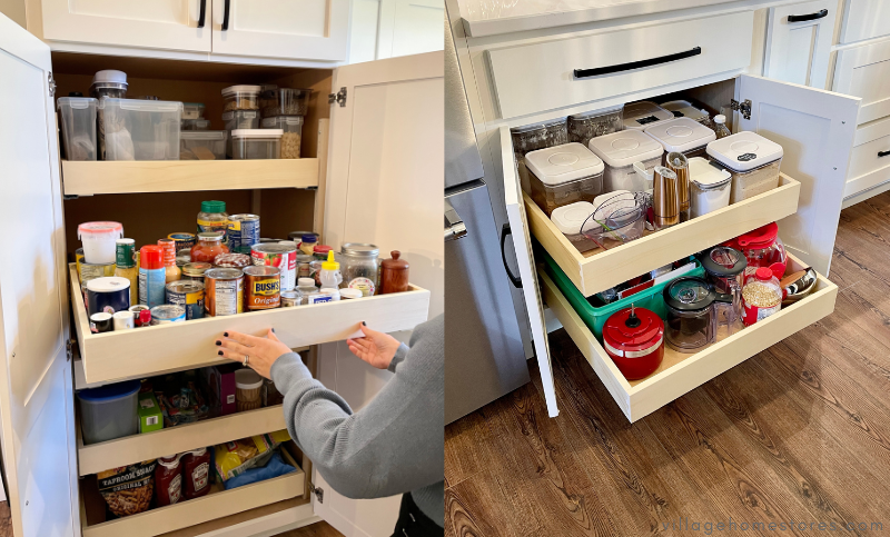 kitchen cabinets shown open with slide out shelves for storage organization