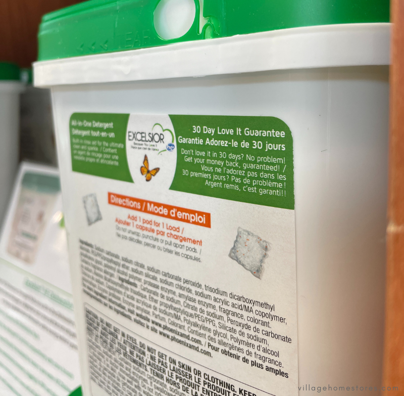 image showing back of excelsior dish pod packaging with text about warranty